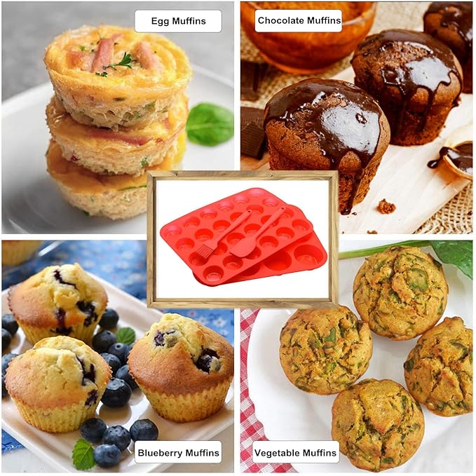 Silicone Muffin Pan Cupcake Set, Non-Stick Regular 12 Cups and Mini 24 Cups,Silicone Baking Molds,BPA Free Muffin Tin with 1 Silicone Spatula & 1 Oil Brush (Red)