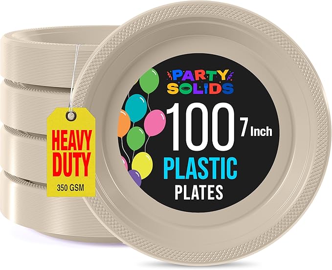 Exquisite Party Solids Ivory Plastic Plates For Party 7" Ivory Disposable Plates Heavy Duty Supplies 100 Pcs Plastic Dinnerware Sets Heavy Duty 350 GSM Disposable Dinnerware Set