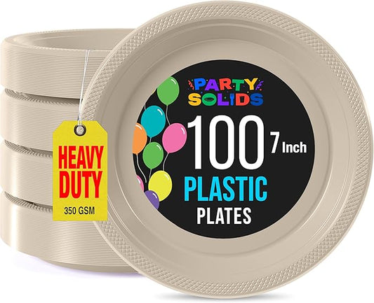 Exquisite Party Solids Ivory Plastic Plates For Party 7" Ivory Disposable Plates Heavy Duty Supplies 100 Pcs Plastic Dinnerware Sets Heavy Duty 350 GSM Disposable Dinnerware Set