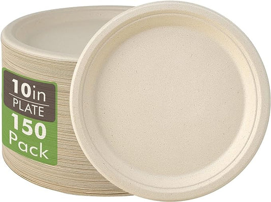Vplus 150 Pack Compostable Disposable Paper Plates 10 inch Super Strong 100% Bagasse Natural Biodegradable Eco-Friendly Sugarcane Plates(nature)