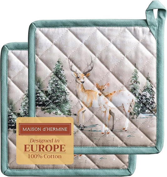 Maison d' Hermine Pot Holders Set 100% Cotton Heat Resistant Potholders 8" x 8" Hot Pads with Loop BBQ, Cooking, Baking, Grilling, Kitchen, Handling Hot Pans (Pack of 2, Deer in The Woods)