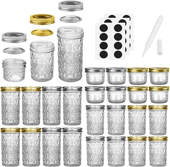 Mason Jars Canning Jars, 24 Pack Jelly Jars With Regular Lids, Ideal for Jam, Honey, Wedding / Shower Favors, DIY Magnetic Spice Jars - 4 OZ x 8, 8 OZ x 8, 12 OZ x 8 (4oz -8oz-12oz)