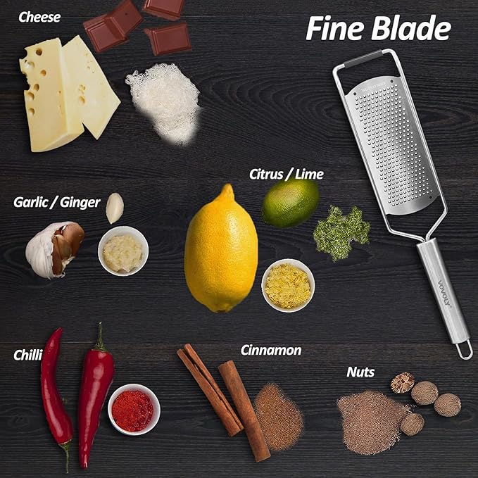 Professional Zester Grater Fine for Hard Cheese, Citrus Fruits, Garlic, Chili, Cinnamon and Nutmeg, Kitchen grater with Razor-Sharp Stainless Steel Blade (Fine)