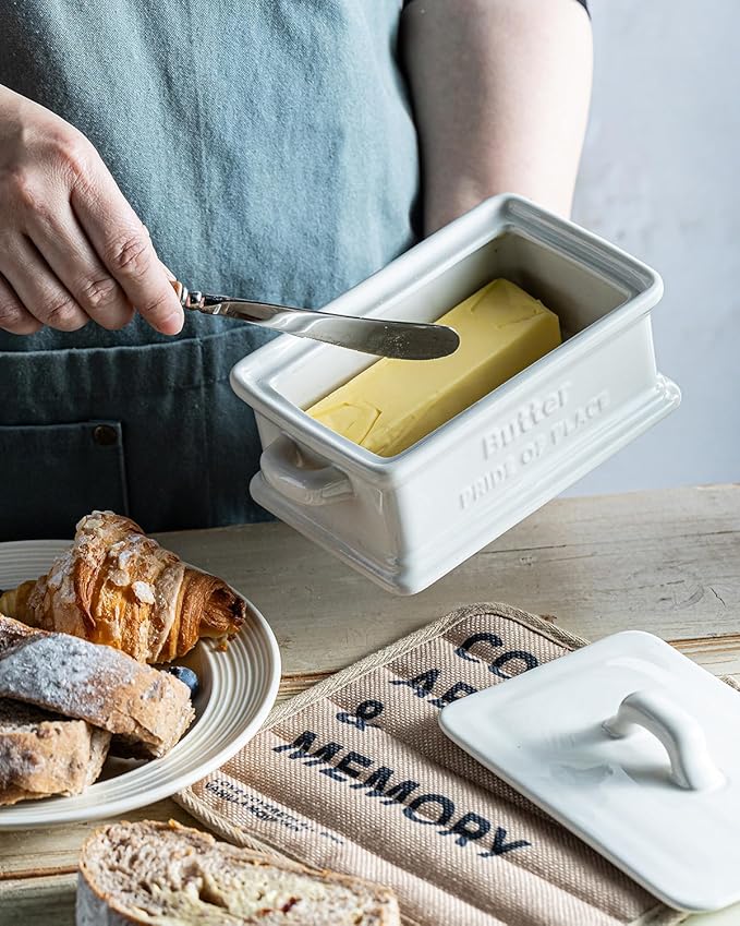 Butter Dish with Lid, Ceramic Butter Dish for Countertop Butter Holder Container Large Butter Keeper for East West Coast Butter, White