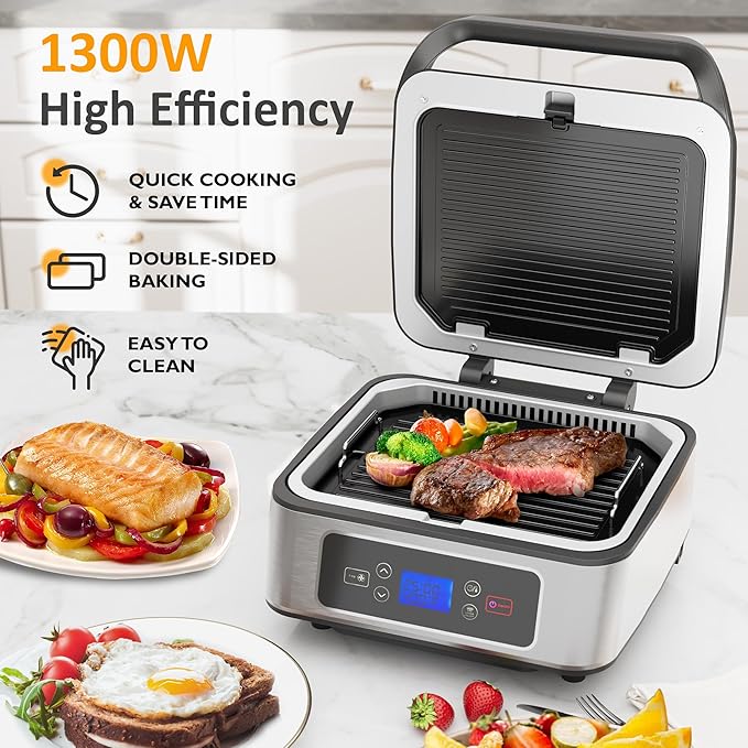 Sunvivi 1300W Smokeless Indoor Grill, Electric Panini Press Sandwich Maker with Auto-Lift, Fan, Independent Upper Heating, Smart Time & Temperature Control, Removable Non-Stick Plates