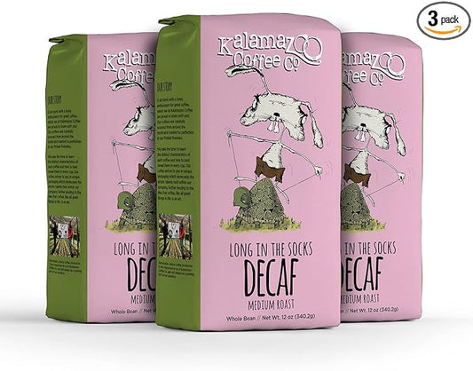 KALAMAZOO COFFEE COMPANY Decaf Whole Bean Coffee - Long in the Socks Medium Roast | 12oz Bag (3 Pack)