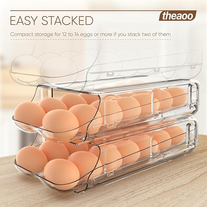 theaoo Egg Holder for Fridge, Automatic Rolling Egg Container for Refrigerator, Clear Plastic Egg Dispenser, Stackable Eggs Organizer with Quick Removable inner Tray For Organizers and Storage, 1Pack