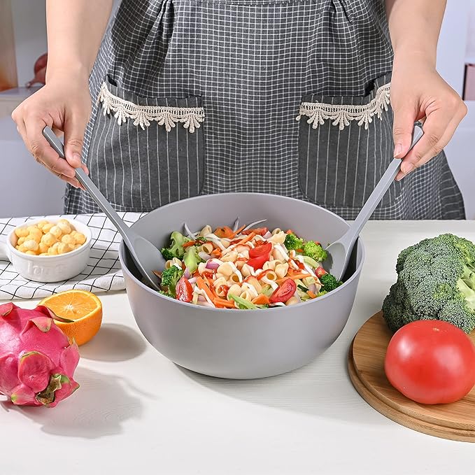 Bamboo Fiber Salad Bowl with Servers Set Large 9.8inches Nature Bamboo Mixing Bowl with Servers with Lid Spoon and Fork for Fruits,Salads and Vegetables