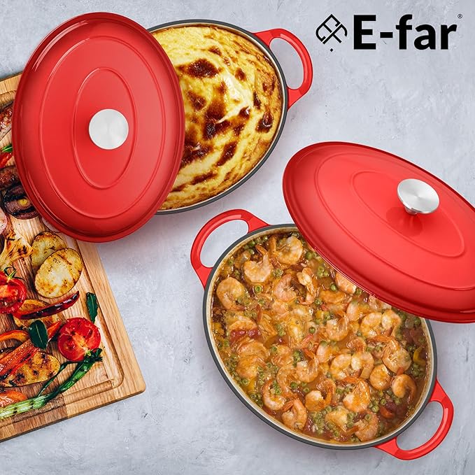 E-far 7QT Oval Dutch Oven Pot with Lid, Enameled Cast Iron Dutch Oven with Dual Handles for Sourdough Bread Baking Cooking, Nonstick Enamel Coated Cookware(Red), Non-Toxic & Easy Clean
