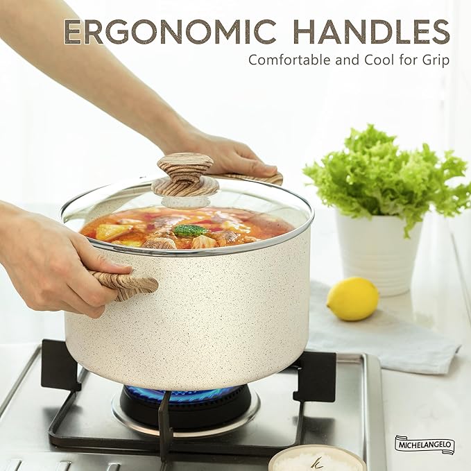 MICHELANGELO Stock Pot - 6 Qt Soup Pot with Lid, Non Stick Pots with Granite Coating, Non Toxic Cooking Pots for All Stovetops, with Stay Cool Handles