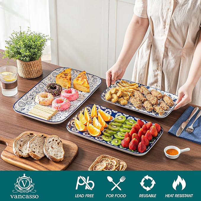 vancasso Serving Platters Set of 3, 16"/14"/12" Inch Rectangular Trays - Serving Platter Extra Large, Ceramic Serving Dish Microwave & Dishwasher Safe (Vintage Blue B)