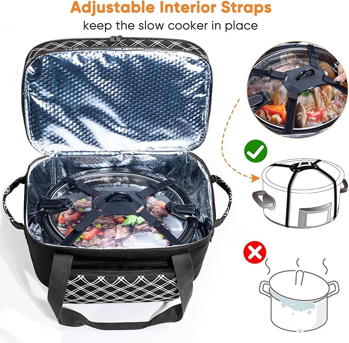 Double Layer Slow Cooker Carrier Bag – Fits 6–8 Qt Oval Slow Cooker Compatible with CrockPot & Hamilton Beach | Insulated Travel Tote with Utensil Storage & Adjustable Straps