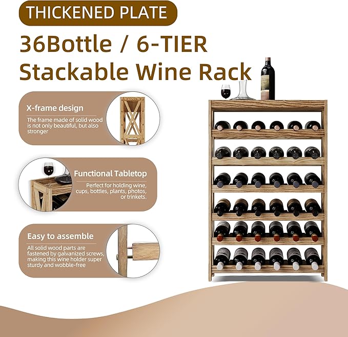 Solid Wood Wine Storage Racks - Stackable Wine Rack with Tabletop, Free Standing Floor Wooden Wine Rack, Premium Wine Storage Rack Display and Organizing for Kitchen and Cellar 6 Tier 36 Bottles