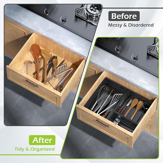 Bamboo Drawer Organizer Set, 5 PCS Multi-use Varied Sizes Junk Drawer Organizer Kitchen Storage Box for Office, Home, Bedroom, Bathroom, Black