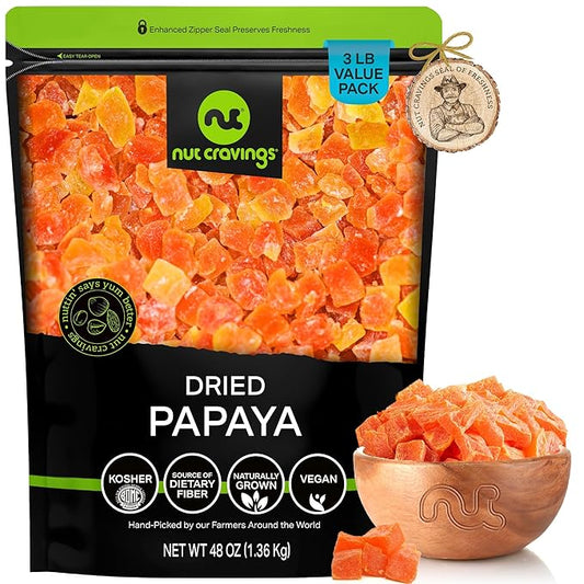NUT CRAVINGS - Sun Dried Papaya Chunks, Lightly Sweetened (48oz, 3 LB) Bulk Dry Fruits Packed Fresh in Resealable Bag - Sweet Healthy Snack, Naturally Grown, Vegan, Kosher