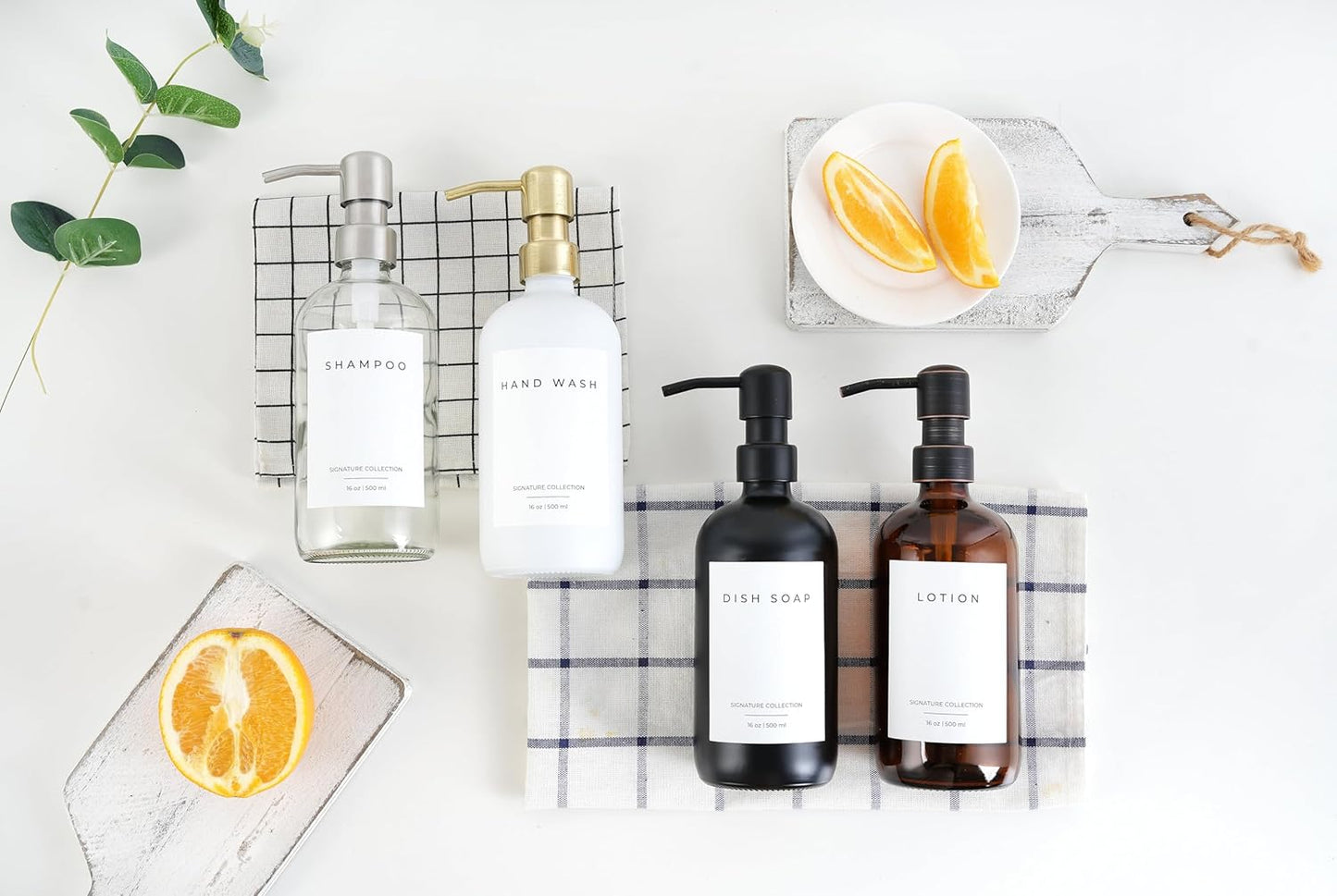 Emerson Soap Dispenser, Dish Soap Dispenser for Kitchen, Bathroom Set, Kitchen Hands and Dishes, Glass Bottles with Pump and Labels, 16 Oz | 2 Pack