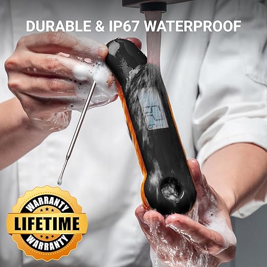 Professional Meat Thermometer, Instant Read in 0.5 Sec, NIST Certified Accuracy ±0.5°F, IP67 Waterproof, Ambidextrous Backlight, Auto-Rotating Display, for BBQ/Grill/Cooking, Black&Orange