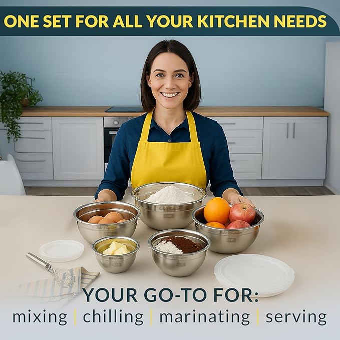 Baker's Signature Stainless Steel Mixing Bowls With Lid, Metal Mixing Bowl Set Of 5, Nesting Set For Food Prep, Baking,Storage, Cooking, Serving | Dishwasher Safe, 0.5/1.5/3/4/5 Qt