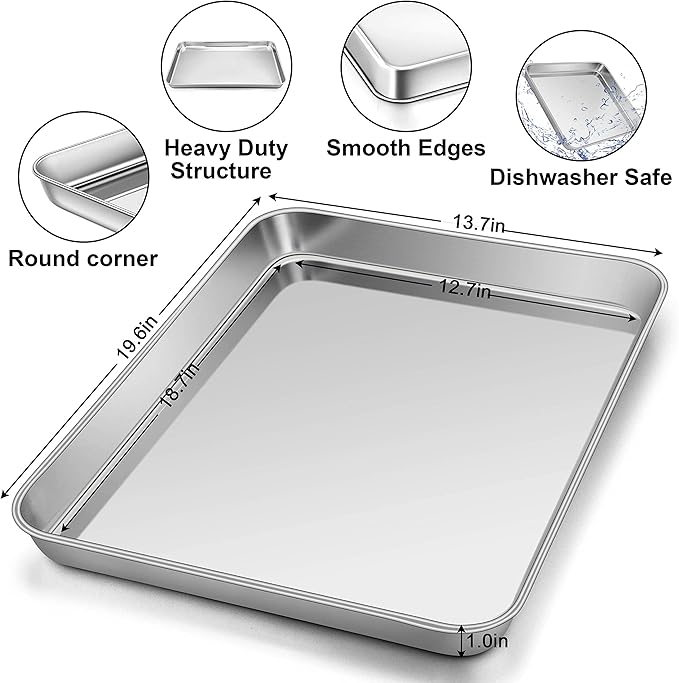 Homikit Baking Cookie Sheet Set of 2, Stainless Steel Cooking Sheets Pan Tray for Oven, 20 x 14 Large Metal Half Sheet for Cooking Baking, Rustproof & Heavy Duty, Mirror Finish & Dishwasher Safe