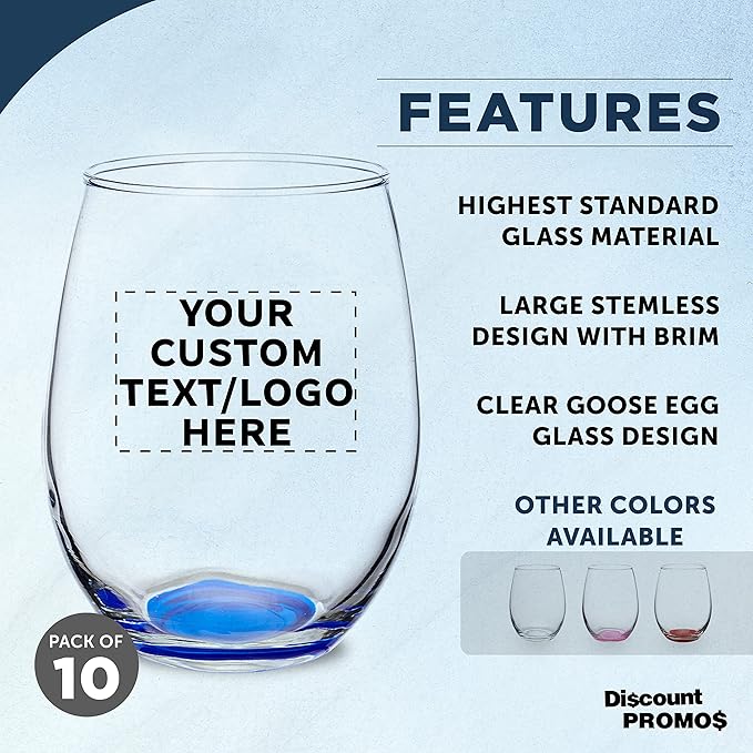Custom Stemless Wine Glasses in Bulk by ARC Perfection, 15 oz, 10 pack, Personalized Text, Logo, Red or White Wine Glass Set, Blue