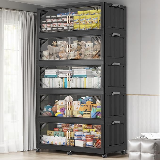 275Gal Plastic Stackable Storage Bins with Lid, 1100QT Extra Large Closet Organizers Collapsible Cabinets Boxes With Drawers, Foldable Containers with 6x Wheels for Home Kitchen, V60 5Pack Black