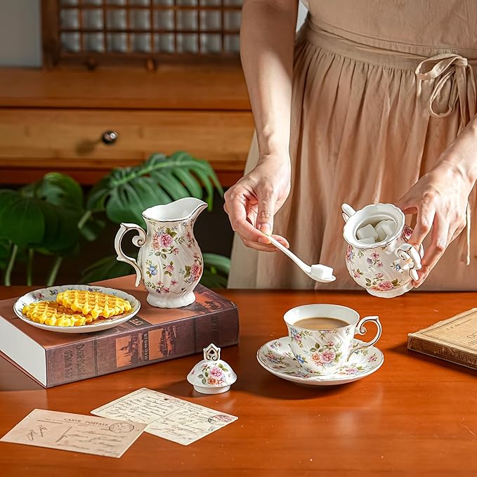 Sugar and Creamer Set Ceramic, Creamer Pitcher and Sugar Bowl with Lid, Creamer Pitcher with Handle,Sugar Cube Dish Coffee or Tea (White with small flowers)