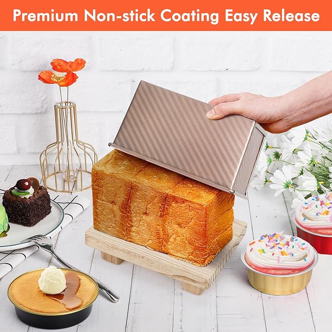 Beasea Pullman Loaf Pan with Lid, 2 Pack 1 lb Non-Stick Bread Loaf Pans Carbon Steel Bread Toast Box with Cover for Homemade Bakeware Bread Toast Oven Baking - Rose Gold