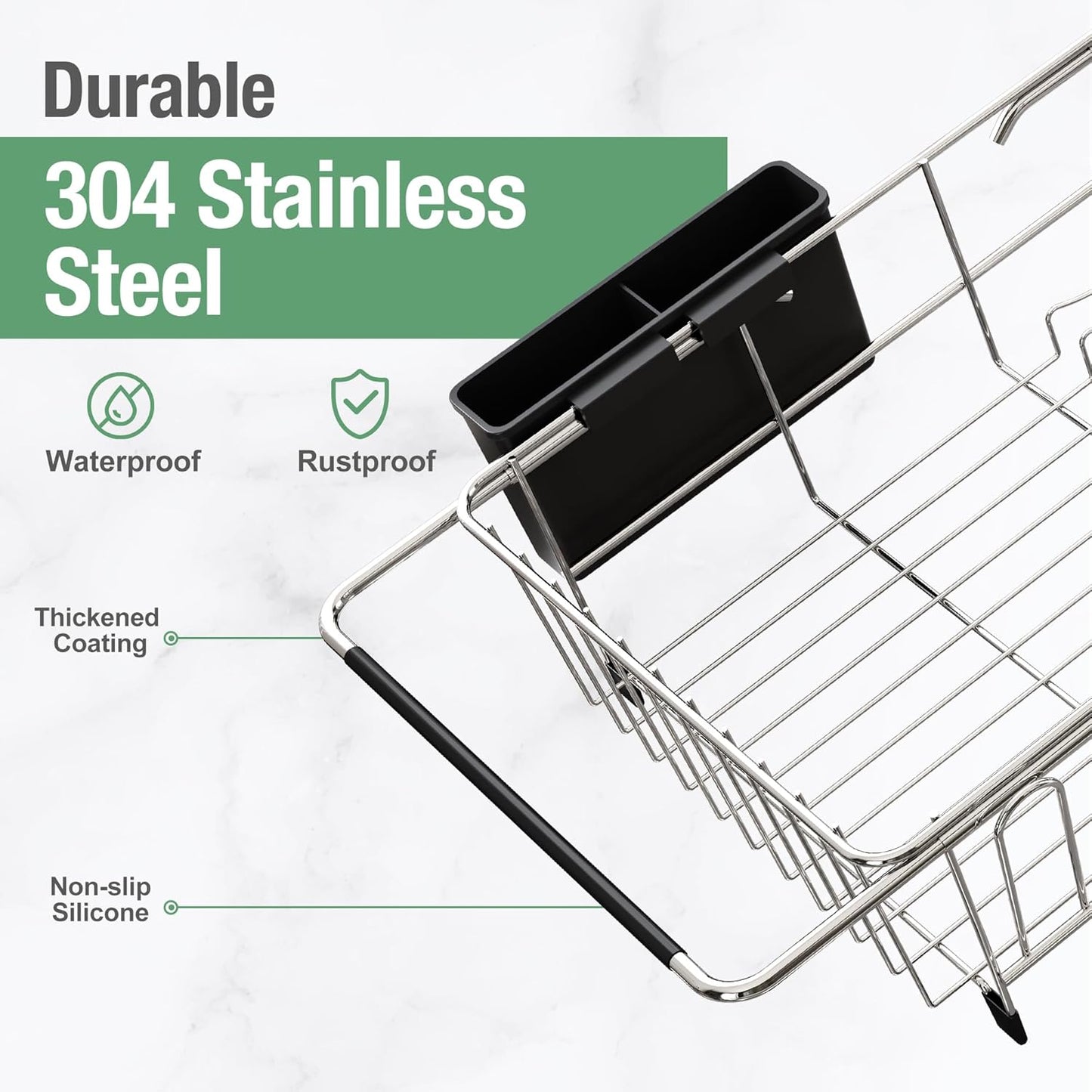 Over the Sink Expandable Dish Drainer Drying Rack In Stainless Steel for Small Kitchen, Counter Space Saving Modern Compact Metal Above Plate Dryer Strainer, Adjustable Hanging Inside Drain Holder