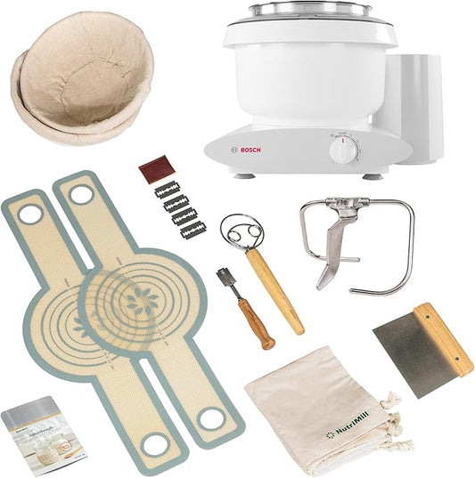 Bosch Universal Plus Stand Mixer with Sourdough Bundle Pack 500 Watt, 6.5 Quarts with Wire Whips, Dough Hook, NutriMill Dough Hook, and Sourdough Starter Bundle
