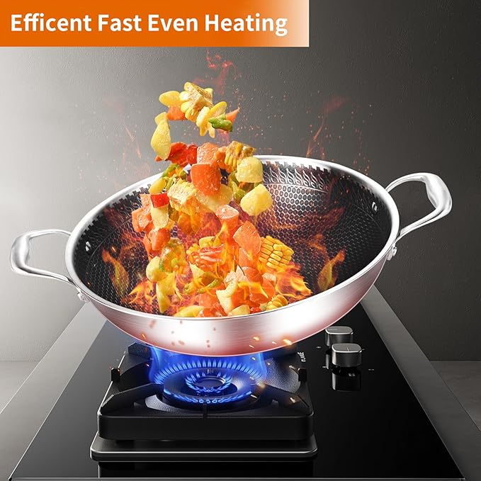 DELARLO Tri-Ply Stainless Steel Wok 13in Nonstick Deep Wok Pan with Lid,Stir-Fry Pans,5.5QT Cooking Pot induction Large woks,Compatible with All Cooktops Up to 550°F(Double Handle)