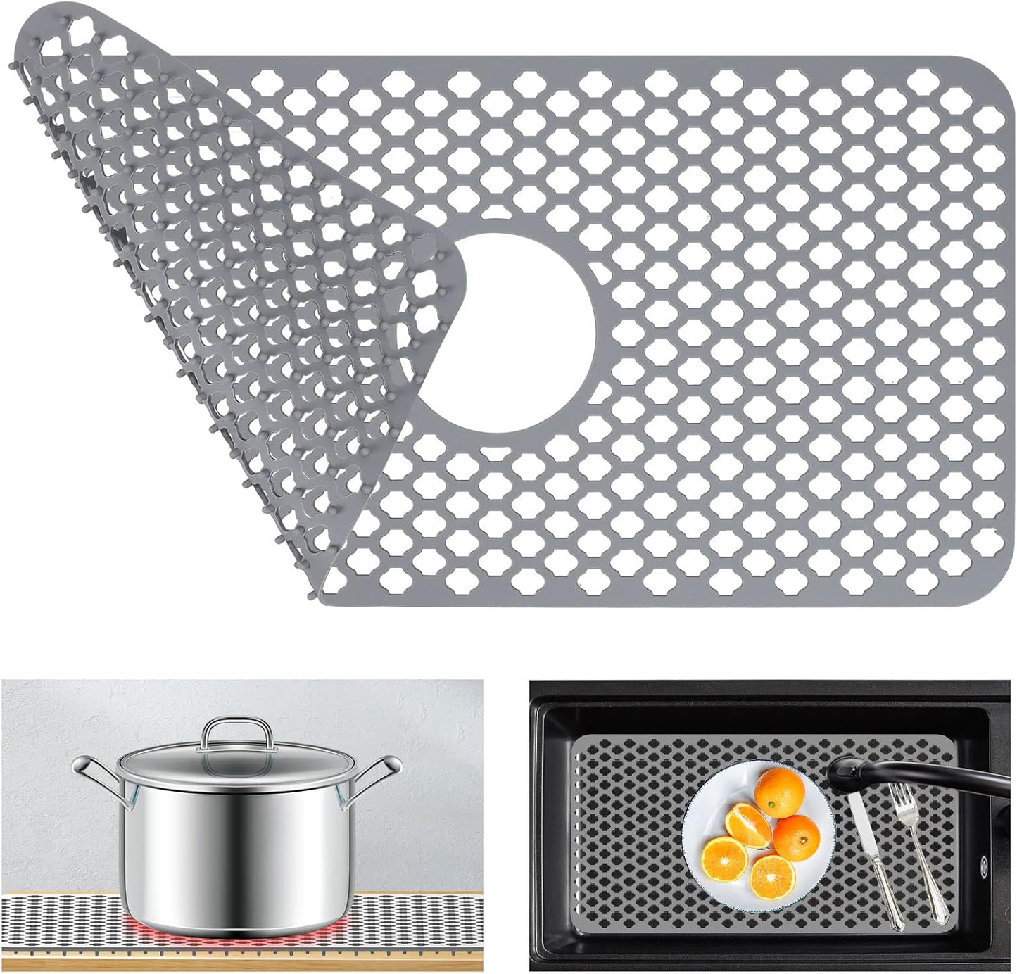 Kitchen Sink Protectors, 24x12 Heat Resistant Mat for Stainless/Porcelain Sink, No-Slip Grid (Grey)