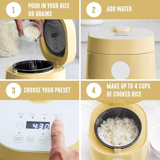 GreenLife Digital Rice Cooker, 2-Cups Uncooked/4-Cups Cooked, Removable Nonstick Ceramic PFAS-Free Pot, One-Touch Presets, Oats, Quinoa, Brown Rice, Auto Keep Warm, Fuzzy Logic Tech, 1.5 QT, Butter Yellow