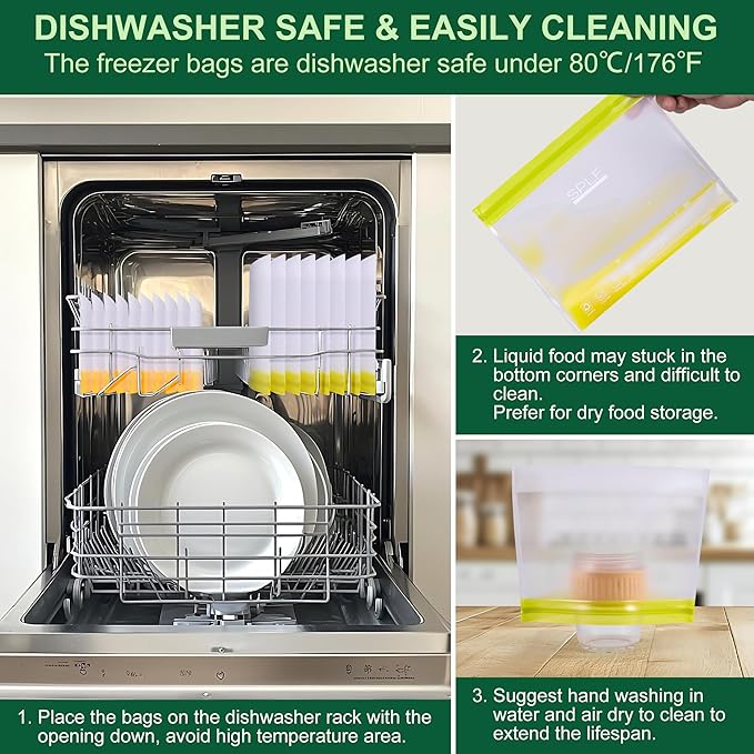 SPLF 10 Pack Stand-Up Reusable Quart Freezer Bags Dishwasher Safe, Extra Thick Leakproof 1 Quart Food Storage Bags, BPA Free Bags for Meal Prep, Sandwich, Snack, Fridge Organization