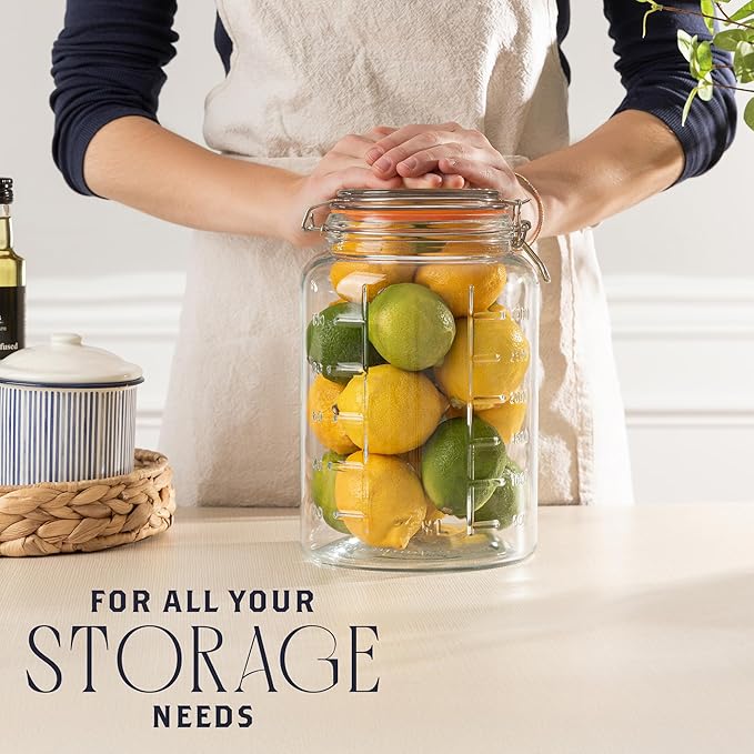 kitchentoolz 1 Gallon Glass Mason Storage Jars with Airtight Lids & Measurment Marks, Super Wide Mouth Canning Jars with Large Capacity for Pickles, Water Glassing & Overnight Oats - 2 Pack