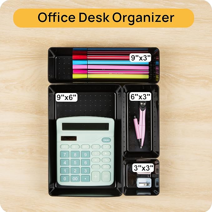 Vtopmart 44 PCS Plastic Drawer Organizers Set, 4-Size Versatile Bathroom and Vanity Organizer Trays, Non-Slip Storage Containers for Makeup, Jewelries, Bedroom，Kitchen Utensils and Office, Black