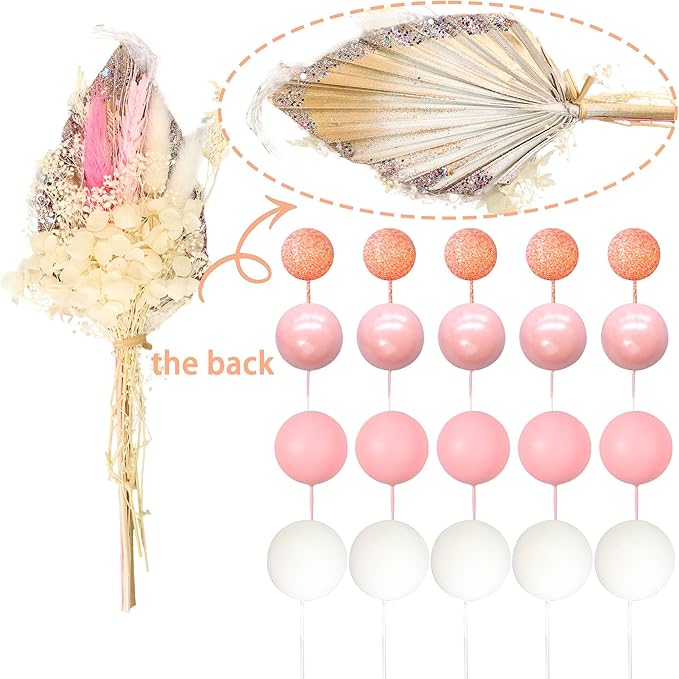 Gyufise 21 Pack Flower Boho Cake Topper Ball Cake Decorations Palm Leaves Plants Cake Decor for Girl Bohemian Princess Theme Wedding Baby Shower Birthday Party Supplies Pink White