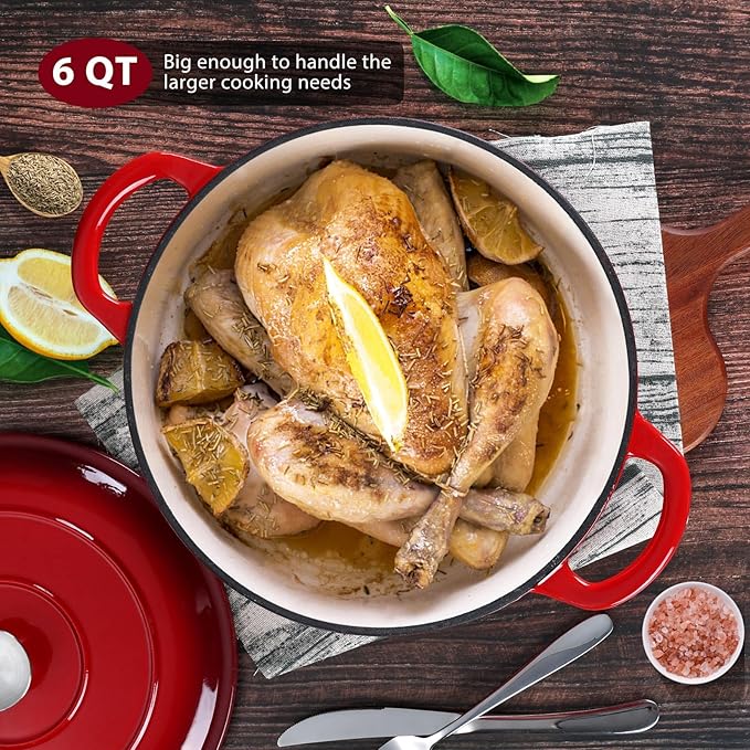 E-far Enameled Cast Iron Dutch Oven with Lid, 6 Quart Round Dutch Oven Pot Nonstick Cookware for Braising, Stews, Roasting, Bread Baking, Cooking, Heavy Duty, Induction & Oven Safe - Red