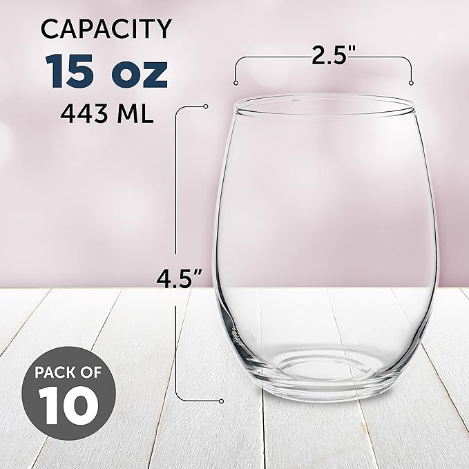 DISCOUNT PROMOS Stemless Wine Glasses by ARC Perfection 15 oz. Set of 10, Bulk Pack - Restaurant Glassware, Perfect for Red Wine, White Wine, Cocktails - Clear