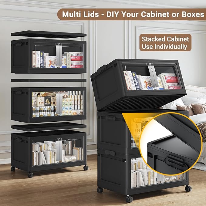 160QT Stackable Storage Bins with Lids, 40Gal Extra Large Collapsible Storage Box with Wheel, Plastic Storages with Clear Door Open Front for Home Bedroom Garage, Black-1pack