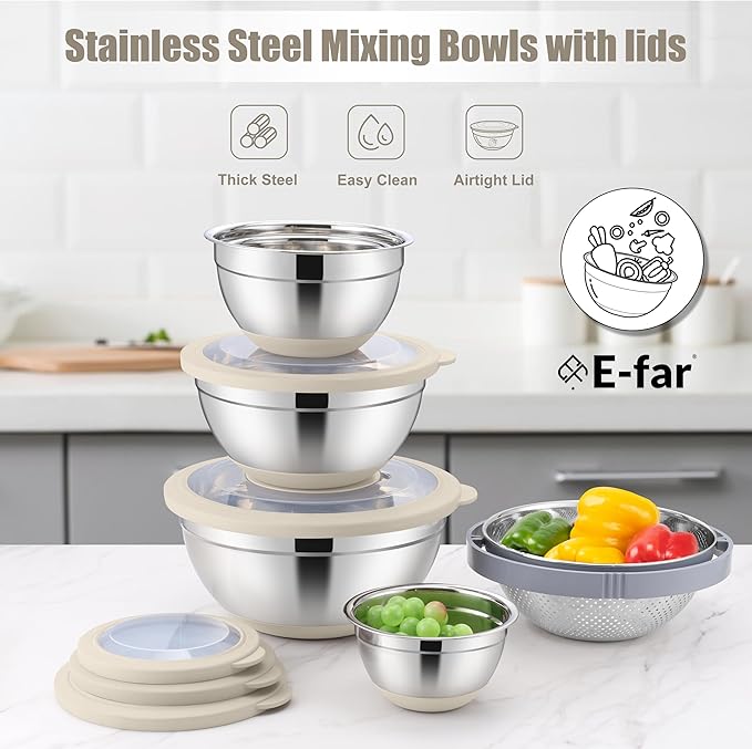 E-far Mixing Bowls with Lids Set, 15PCS Stainless Steel Mixing Nesting Bowl with Colander & 3 Metal Grater for Kitchen Prep/Baking/Storage, Non-Slip Bottom & Airtight Lid, 4.6, 3, 1.5, 1, 0.7QT, Khaki
