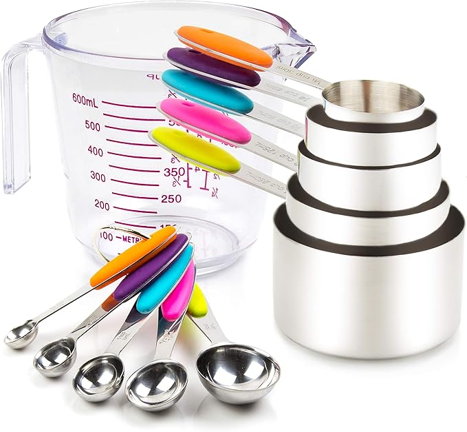 Measuring Cups and Spoons Set 11 Piece. Includes 10 Stainless Steel Measuring Spoons and Cups Set and 1 Plastic Measuring Cup. Liquid Measuring Cups Set and Dry Metal Measuring Cup Set