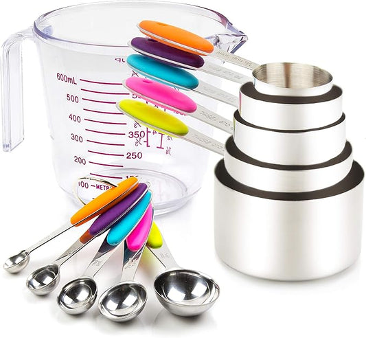 Measuring Cups and Spoons Set 11 Piece. Includes 10 Stainless Steel Measuring Spoons and Cups Set and 1 Plastic Measuring Cup. Liquid Measuring Cups Set and Dry Metal Measuring Cup Set