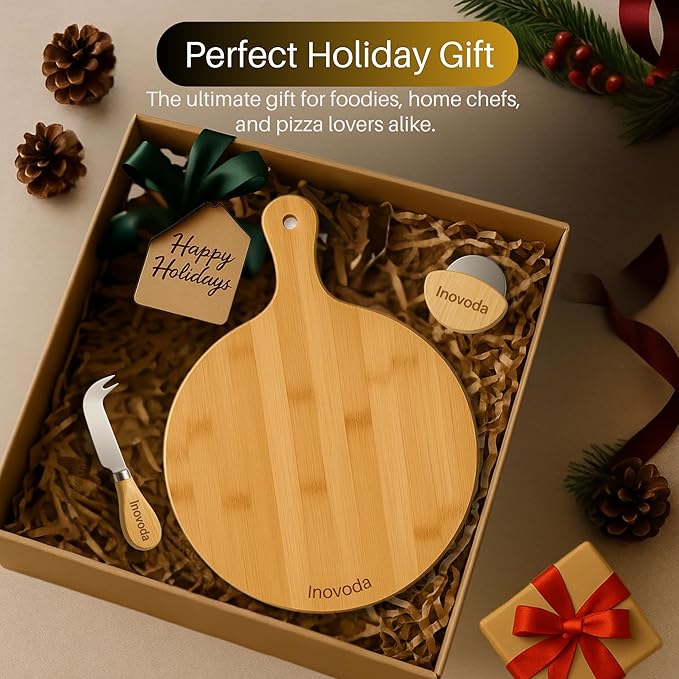 Wood Pizza Cutting Board with Cheese Knife & Pizza Cutter -12” Pizza Board with Handle -Pizza Peel Chopping Board, Decorative Serving Board for Pizza & Charcuterie