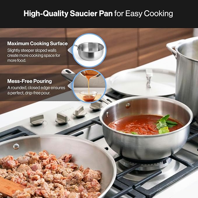 Misen 5-Ply Stainless Steel Saucier with Lid– Induction-Compatible Pan with Curved Sides for Smooth Stirring - Oven Safe to 800F – Even Heat Distribution & Ergonomic Handle - 3 QT