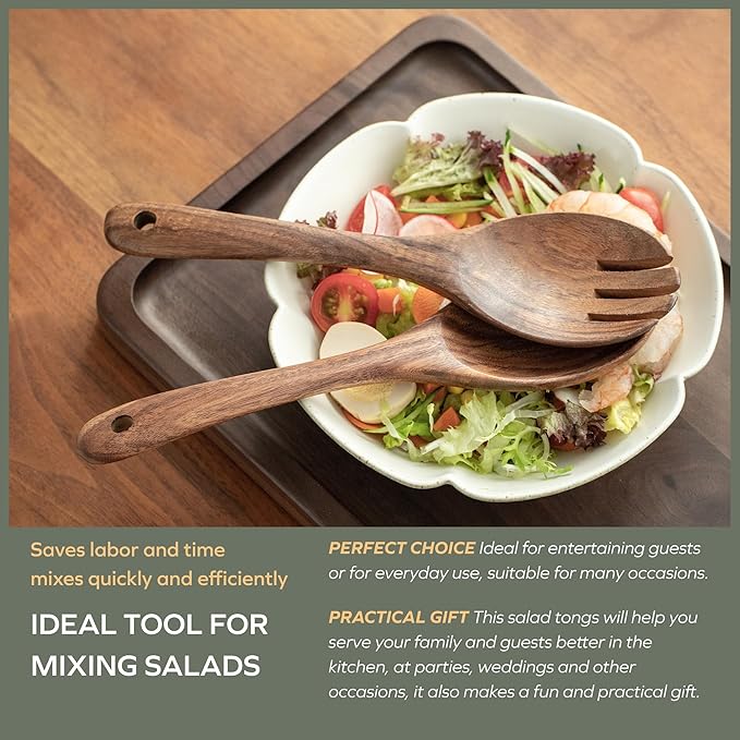 Muso Wood Acacia Salad Servers, 12-inch Wooden Salad Tongs for Serving Salad Mixes, Set of 2 (Acacia salad servers)