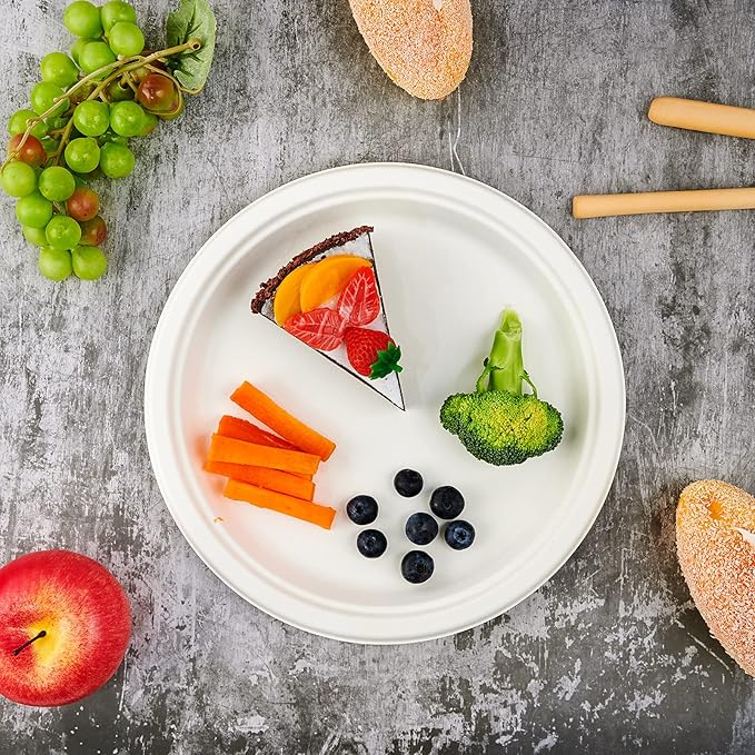 Vplus 150 Pack Compostable Disposable Paper Plates 10.25 inch Super Strong Paper Plates 100% Bagasse Natural Biodegradable Eco-Friendly Sugarcane(white)