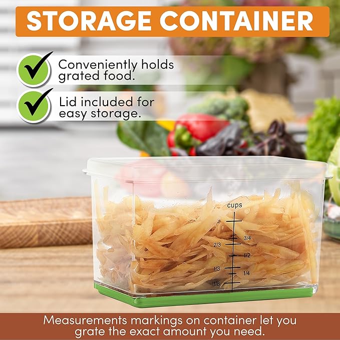 Spring Chef Professional Green 10" Parmesan Cheese Grater With Container, Stainless Steel Food Grater for Kitchen with Handle, 4 Sided Carrot Shredder, Handheld Vegetable & Cabbage Shredder