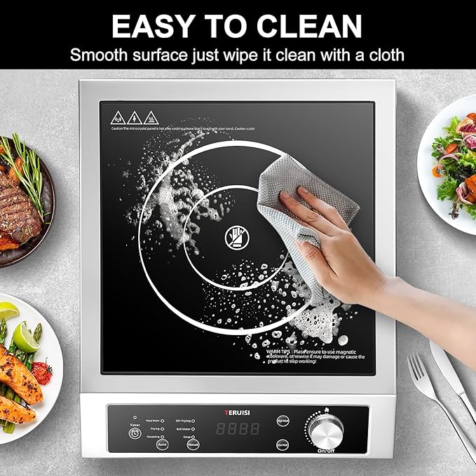 Induction Cooktop Commercial, 1800W Electric Stove with 18/10 Stainless Steel, 4 Hours Timer, 6 Preset Functions, 8 Temp/Power Levels, Portable Countertop Burner for RV Home Kitchen