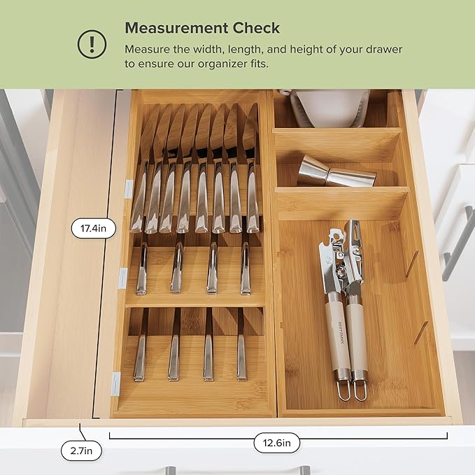 Premium Silverware and Utensil Drawer Organizers – Slanted 3-Compartment and 5-Compartment Design, Labeled Slots, Non-Slip Feet, 100% Sustainable Bamboo, 2 Pack