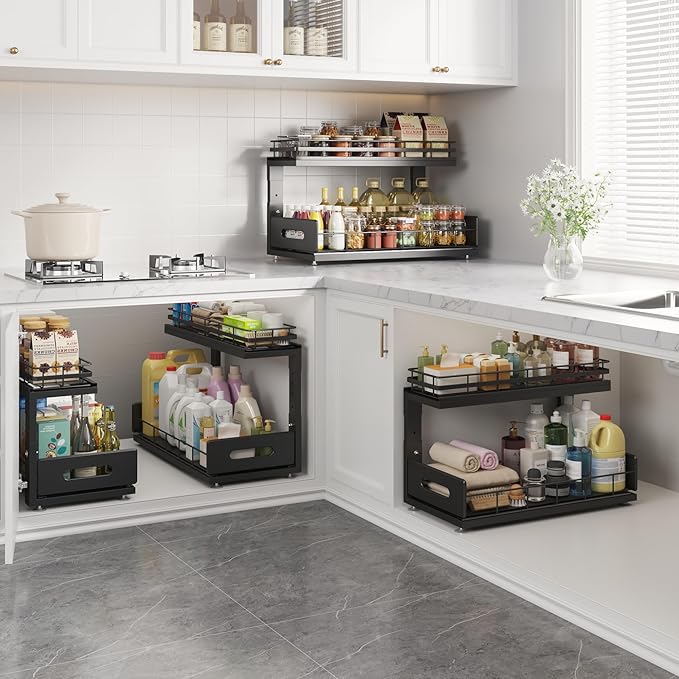 2 Pack 18 IN Depth Under Sink Organizer with Smooth Ball Bearing Slides,2-Tier Pull Out Cabinet Storage,Slide Out Drawers for Bathroom&Kitchen,Rust-resistant Coating,Height Adjustable-Black